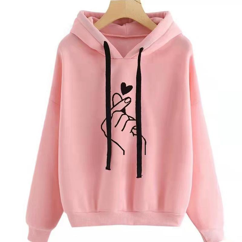 Fashionable Kpop Casual Finger Heart Love Pattern Hooded Women Hoodies Sweatshirts Drawstring Long Sleeve Female Pullovers Hoodie Women Coat