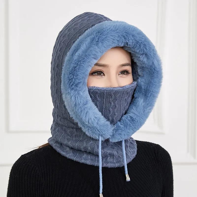 Women's Hat Plus Velvet Thick Warm Windproof Hood Ear Neck Protection Knitted Hat Woolen Cap Winter One-piece Cap Scarf Set