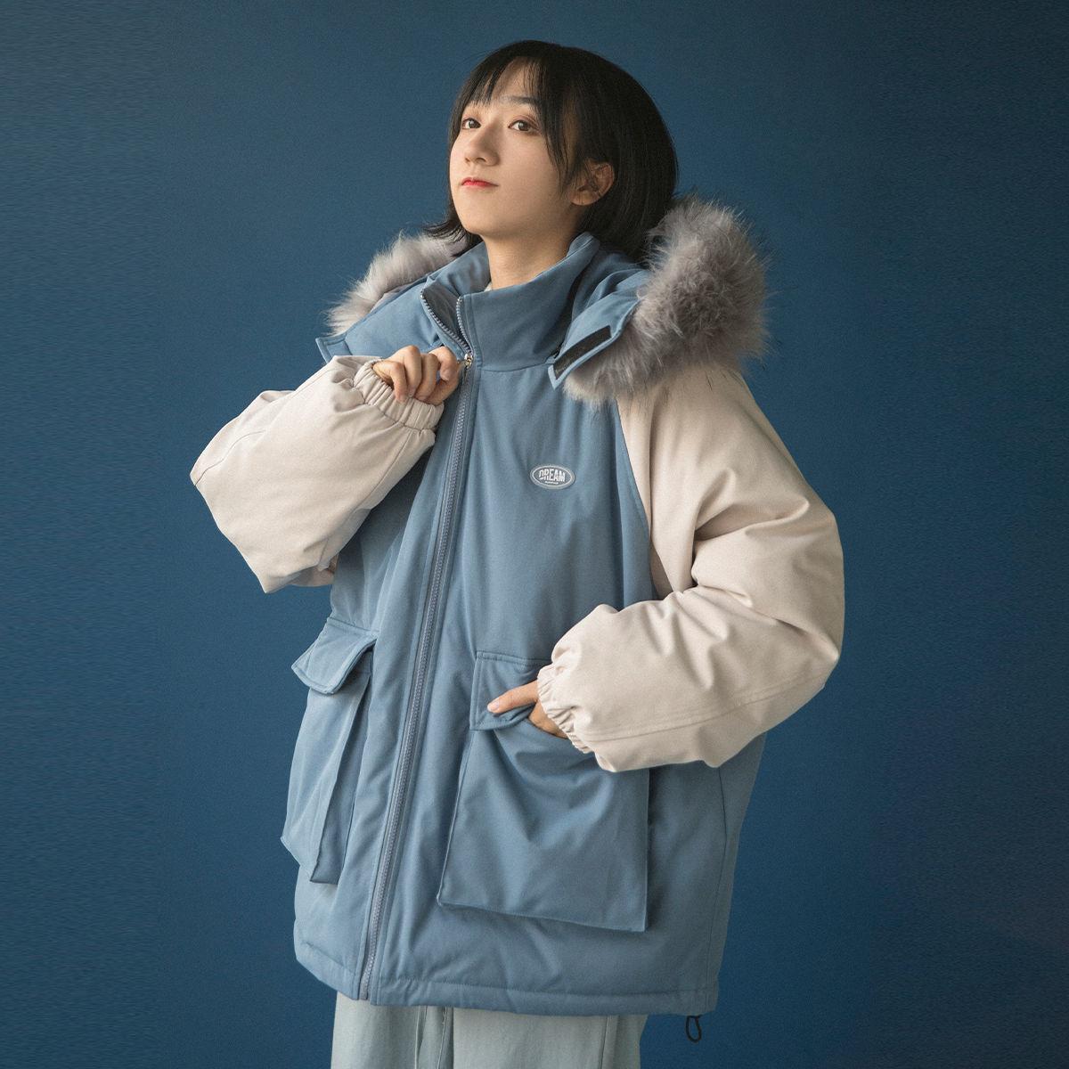 Winter Warmth Padded Jacket Plus Velvet Parker Jacket Women Loose Padded Jacket Padded Padded Jacket Winter Wear Fluffy Fur Collar Loose Bread Jacket