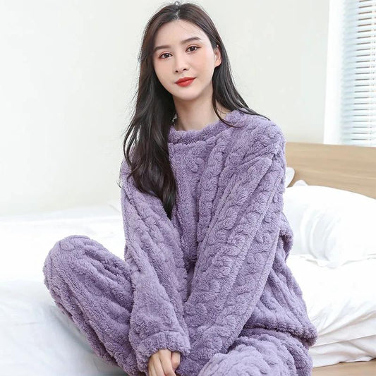 Women's Crochet Pajamas Set Plus Velvet Long Sleeves Flannel Coral Suit Home Wear Solid Color Loose Pajamas Pants Two-piece Set