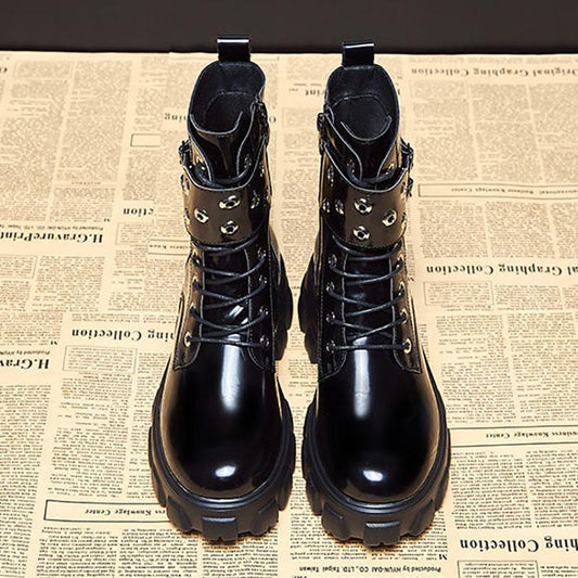 Women's Boots British Style Autumn and Winter Plush Platform Women's Boots All-match Thick-soled Patent Leather Handsome Short Boots