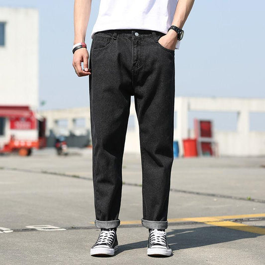 Straight Loose Jeans Men's Versatile Thin Trousers Male Students Summer Cropped Trousers