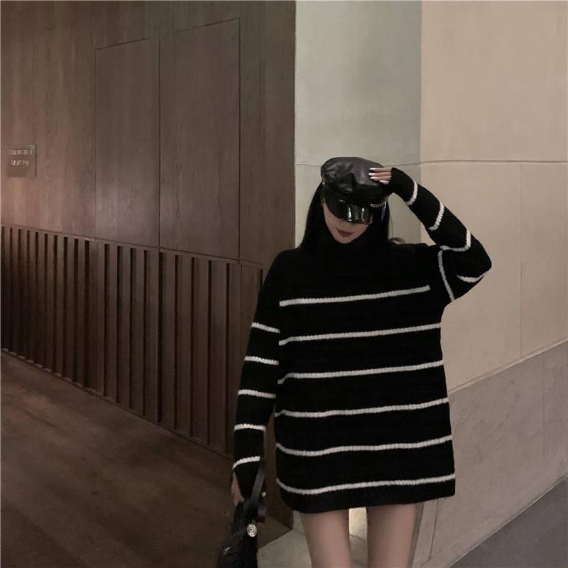 Pofulove Black or White Turtleneck Long Section Sweater Cool Oversize  Striped Loose Cuffs Pullover