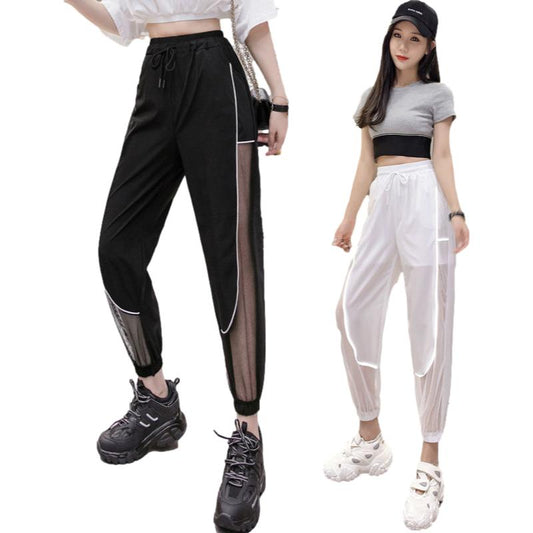 WTEMPO Reflective Track Pants Hollow Casual Pants Women Elastic Waist Joggers Sport Long Sweatpants Loose Casual Baggy Trousers