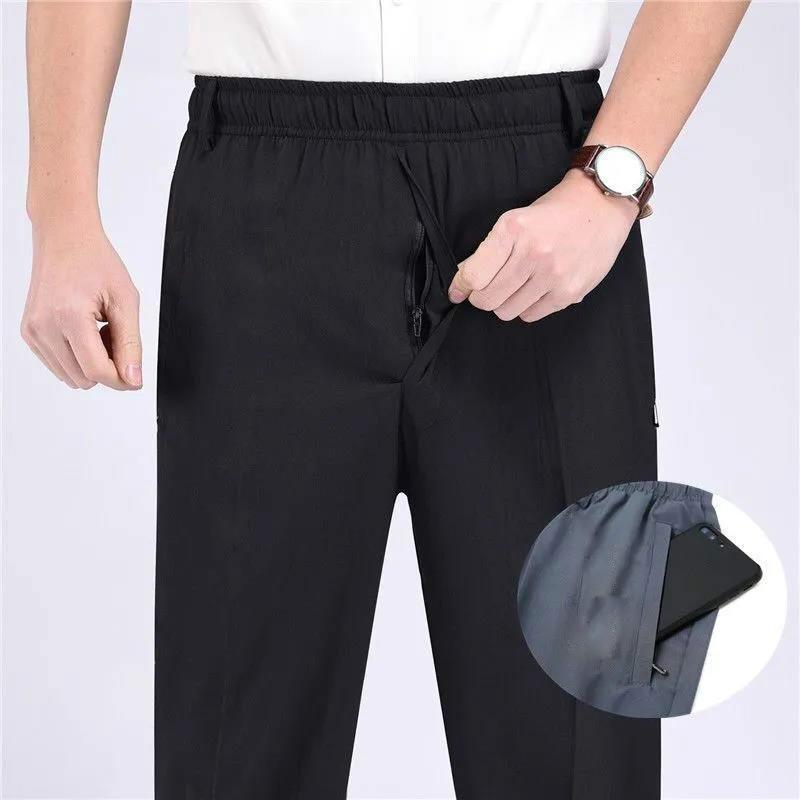 Middle-aged and Elderly Summer Thin Men's Ice Silk Elastic Loose Daddy Grandpa Plus Fat Plus Size Quick-drying Casual Trousers