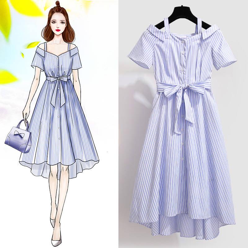 Pofulove Striped shirt dress summer women's midi loose off-shoulder pleated strap dress with belt