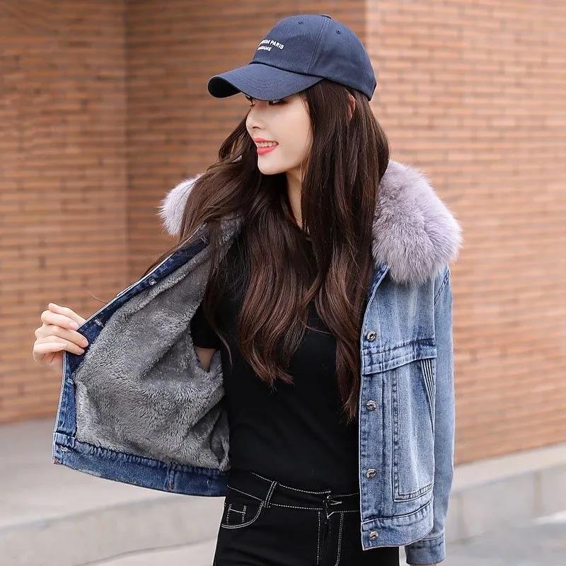 Thickened Denim Jacket Women's Short Fall Winter 2021 New Korean Version of The Bf Small Man Plus Velvet Warm Cotton Coat