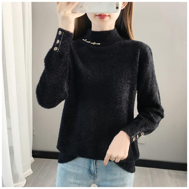 Autumn and Winter Half High Neck Thick Sweater Mohair All-match Loose Jacket Women Casual Knitted Women Bottoming Shirt