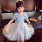 Girls Summer Children's Checkered Net Gauze Dress Little Girl Puff Sleeve Pleated Dress