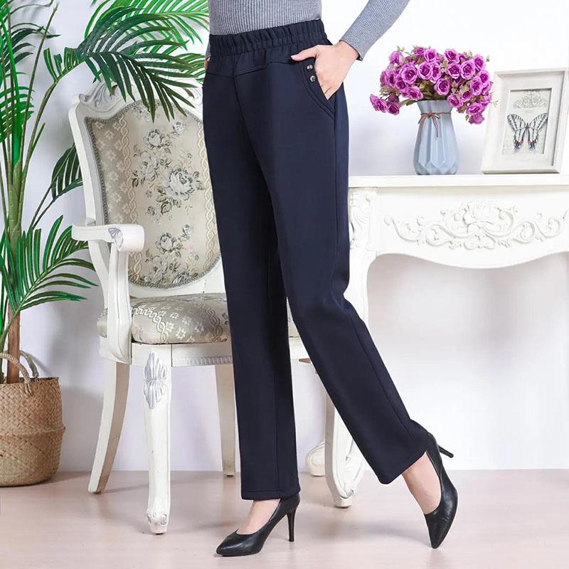 Middle-aged and Elderly Women's Pants Autumn and Winter Models Plus Velvet Thick Casual Pants Straight High Waist Stretch Pants Loose Suit Pants