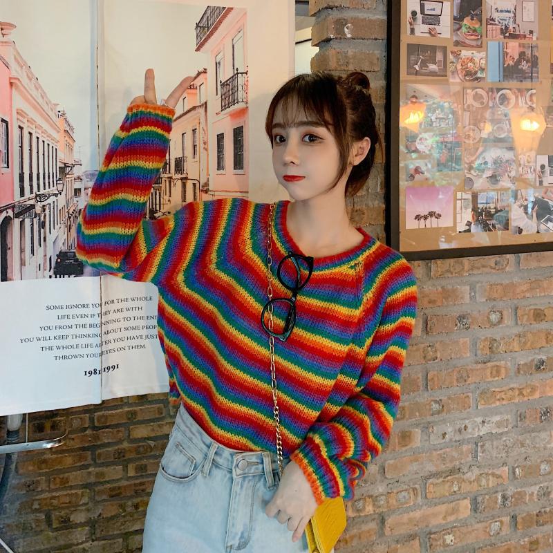 Short Rainbow Striped Sweaters Women Jumpers Knitted O-neck Loose Pullover Long Sleeve Knit Sweater Winter Female