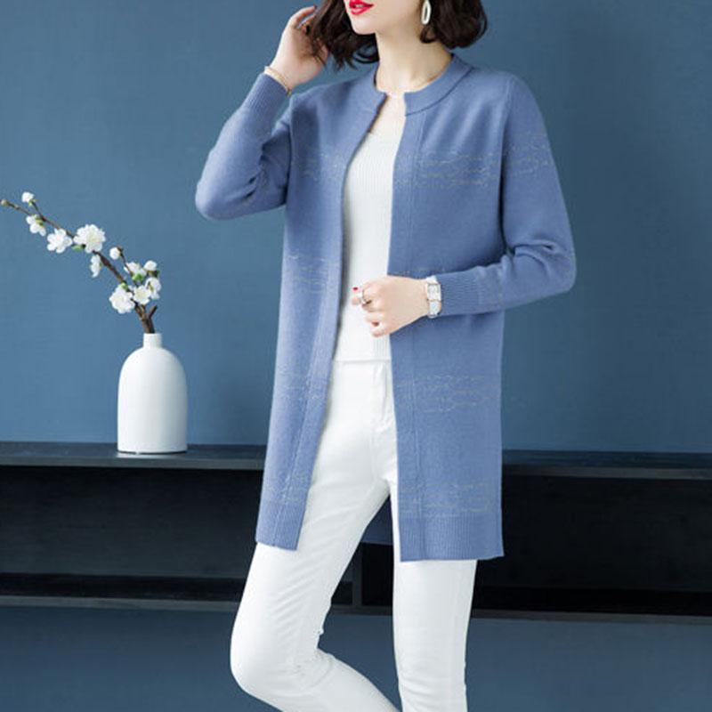 Autumn and Winter Long Loose Sweater Bright Silk Round Neck Woolen Coat Casual Simple Middle-aged Women's Jacket