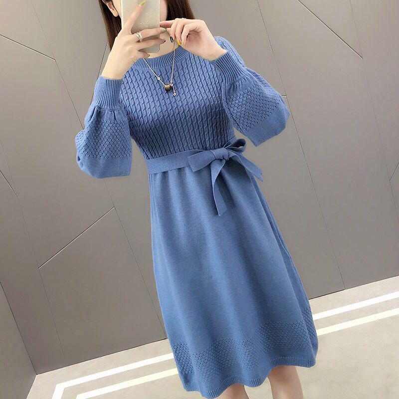 Knit Dress Women Autumn and Winter Loose Mid-length Over-the-knee Sweater Bottoming Tie Belt Slim-fit Sweater Dress Puff Sleeve Sweater