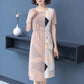 Spring Summer Chiffon Dress Women O-Neck Short Sleeve Dresses Sweet Slim Elastic Waist Mid-length Ladies Dress