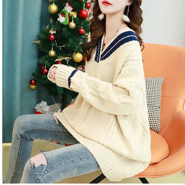 Autumn and Winter Red Sweater Loose Casual V-neck Tops Fashion Knitted Women Tops