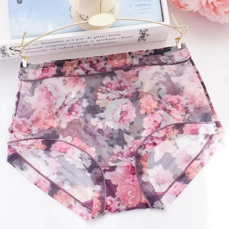 4 Pieces Women's Sexy Ultra-thin Panties Female Transparent Printing Mid-waist Large Size Underwear Mesh Breathable Briefs Shorts Spring and Summer