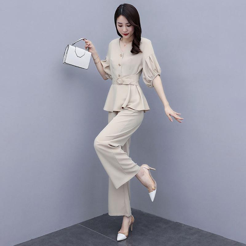 Ladies Chiffon Suit V-neck Waist Slimming Shirt Loose Wide-leg Pants Two-piece Loose and Thin Temperament Casual Two-piece Professional Wear