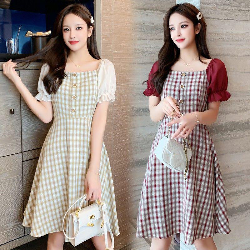 French Bellflower Skirt Retro Square Collar Waist Dress Plaid Striped Mid-length Dress Retro French Style Fabric Soft Light and Breathable