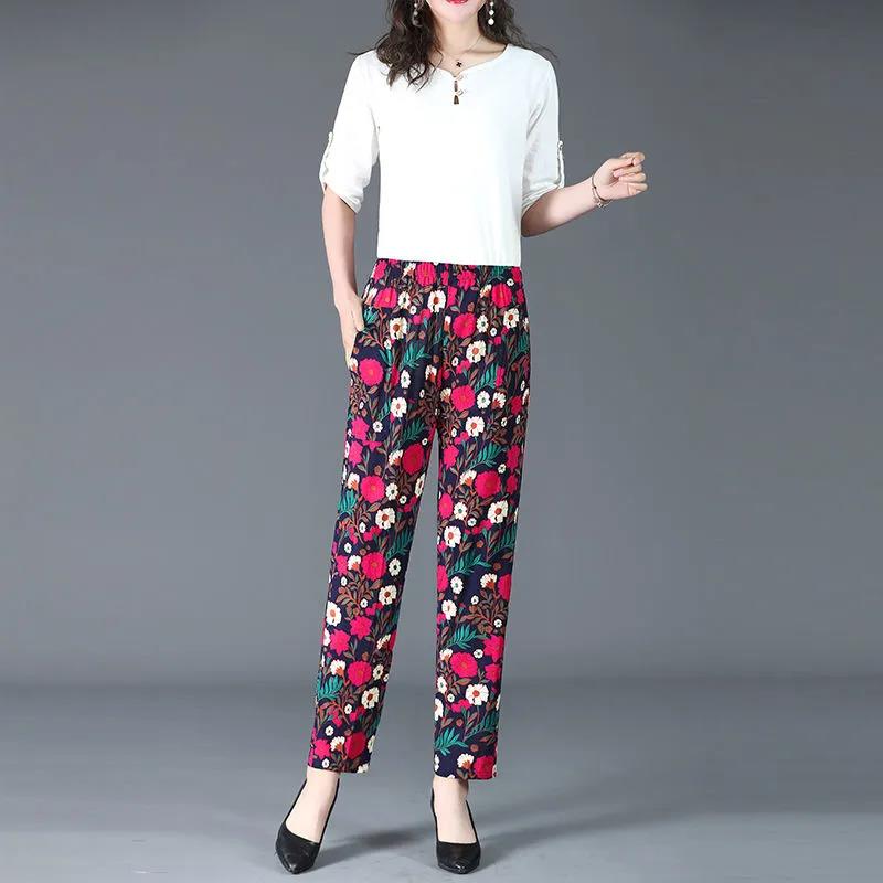 XL-5XL Women's Spring and Summer Elastic Waist Wide Leg Printed Casual Pants Female Plus Size Loose Simple Thin Cropped Pants