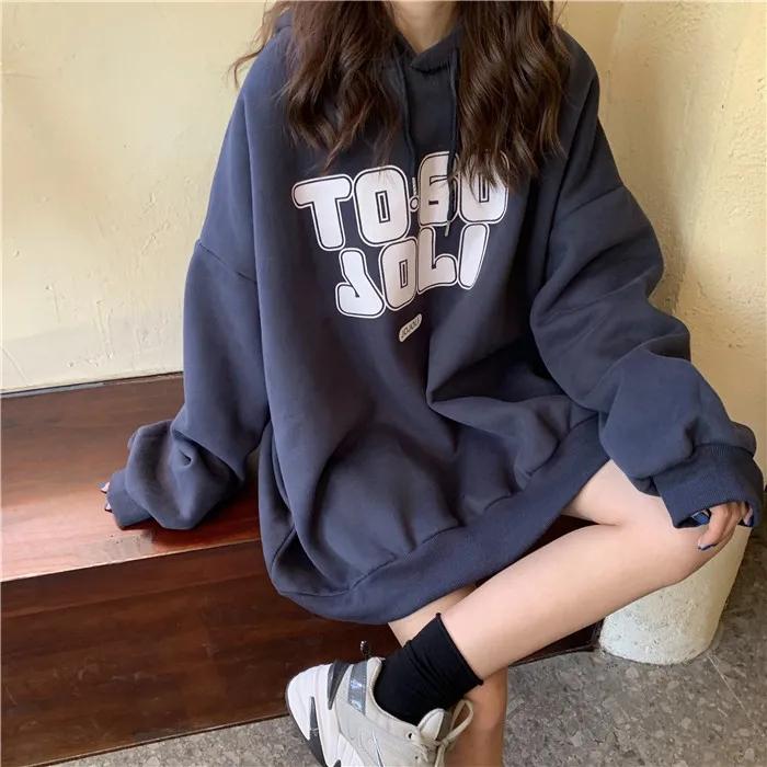 Sweater Women's Ins Plus Velvet Thickened Student Korean of The Loose BF Lazy Style Letter Printing Top Hooded Jacket Printing Pullover Sweater