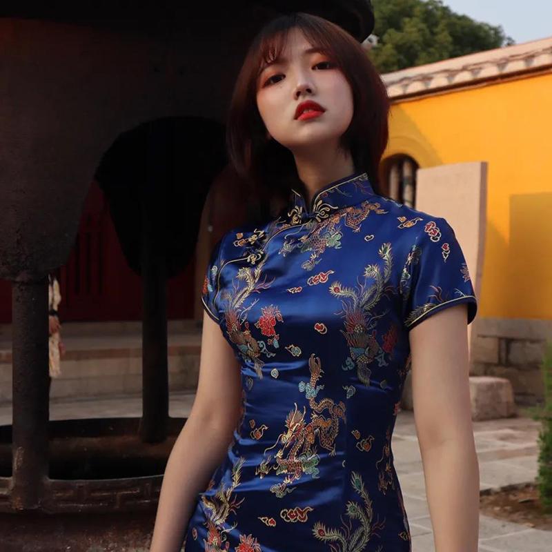 Lady Cheongsam Young Fashion Girl Retro Chinese National Style Long Sexy Dress Dark Black