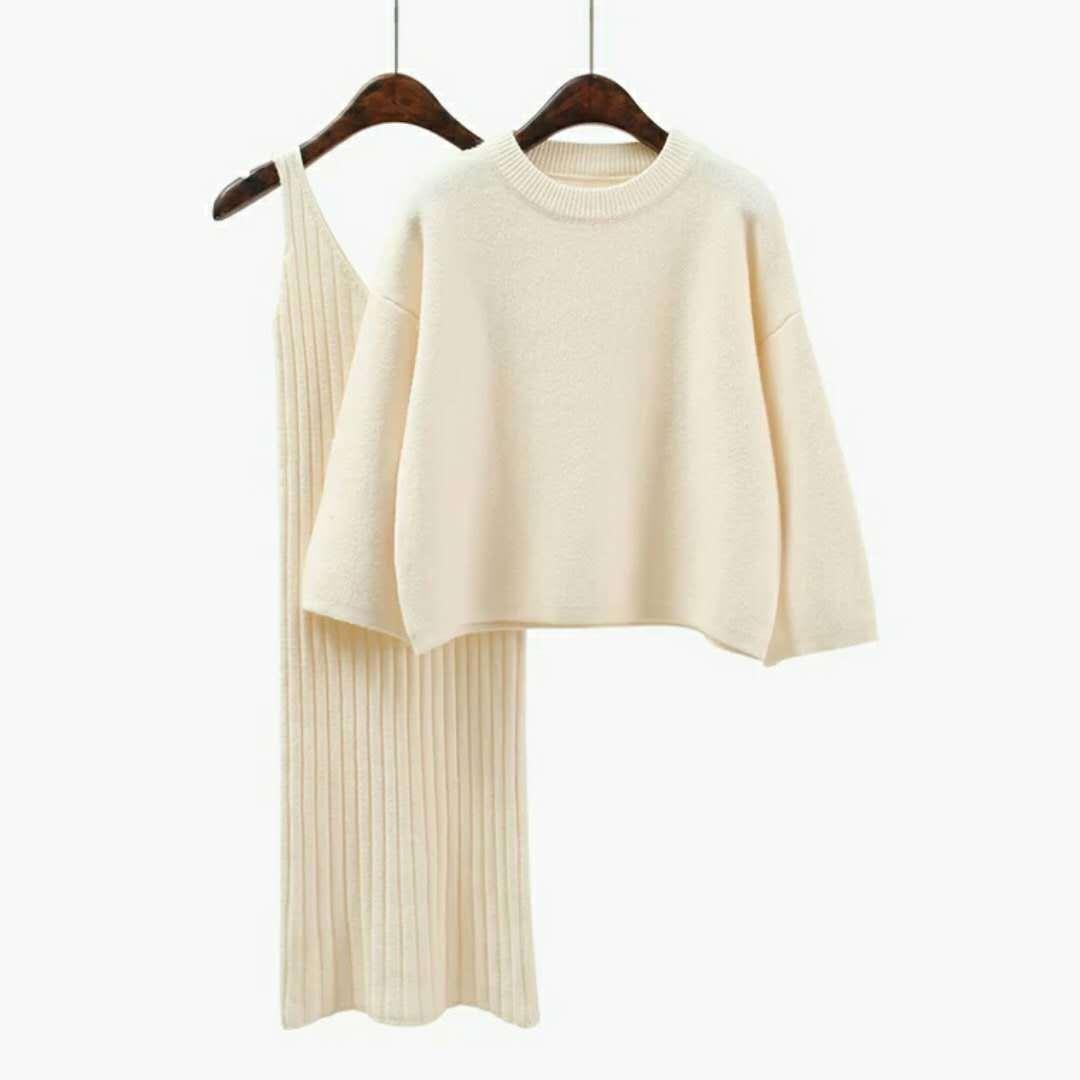 Loose Sweater Suit Women Pullover Sweater and Knitted sleeveless Strap Sweater Dress Two-piece Set Spring Autumn Solid Color Student Fashion Outfits