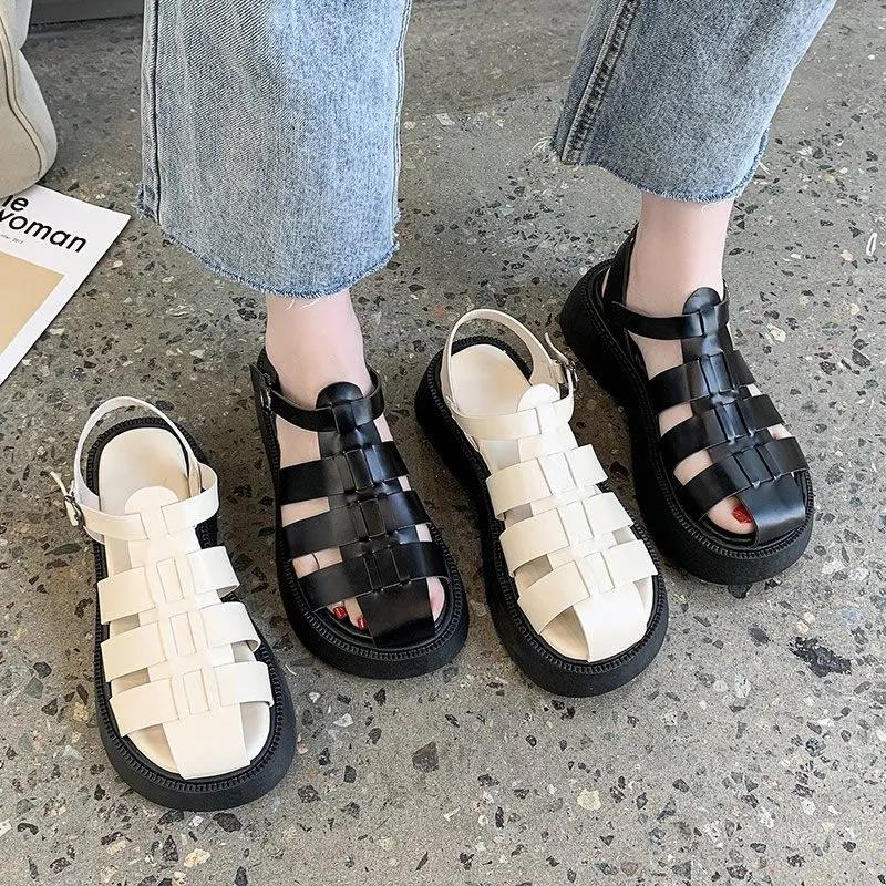 Hollow Baotou Wild Buckle Belt Sweet and Fresh Thick-soled Simple Sandals Women's Roman Shoes Women's Thick-soled Non-slip Sandals