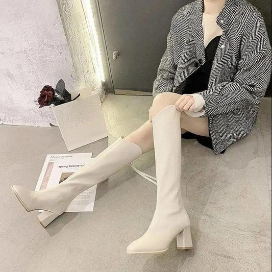 Women's Boots Knight Boots Soft Leather Boots Beige Autumn and Winter But High Boots with on The Knees