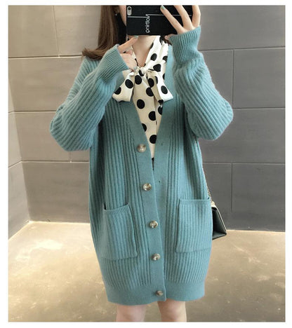 Sweater Coat Women's Winter Korean-style Loose-Fit Mid-length Outdoor Knitted Cardigan