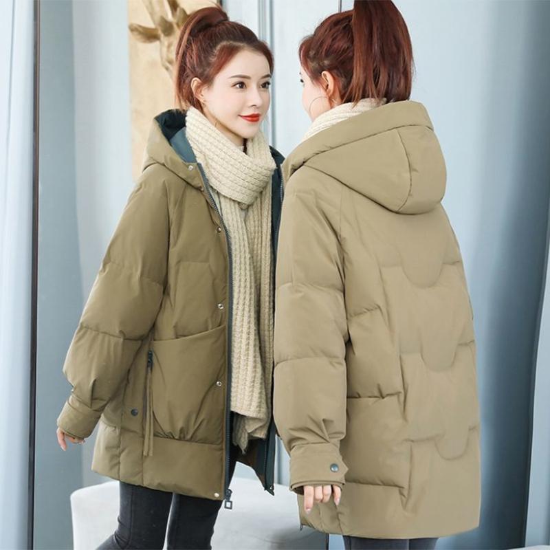 Women's Mid-length Down Jacket Winter Korean Loose Cotton Clothes Casual Hooded Padded Jacket