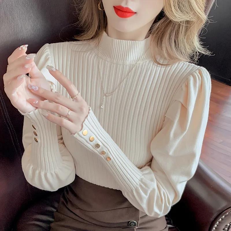 Autumn and Winter Fashion Semi-high Collar Bubble Lantern Sleeve Knitted Bottoming Shirt Feminine Temperament Sweater Top