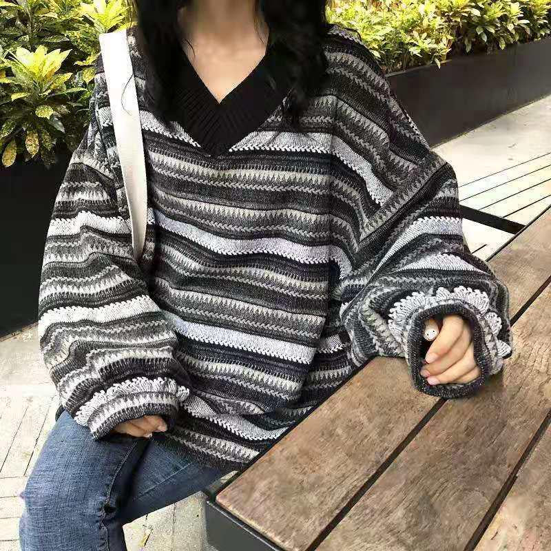 Pofulove Korean Striped Lantern Sleeve Sweater Women Loose Thin Long Sleeve Mid-length Student