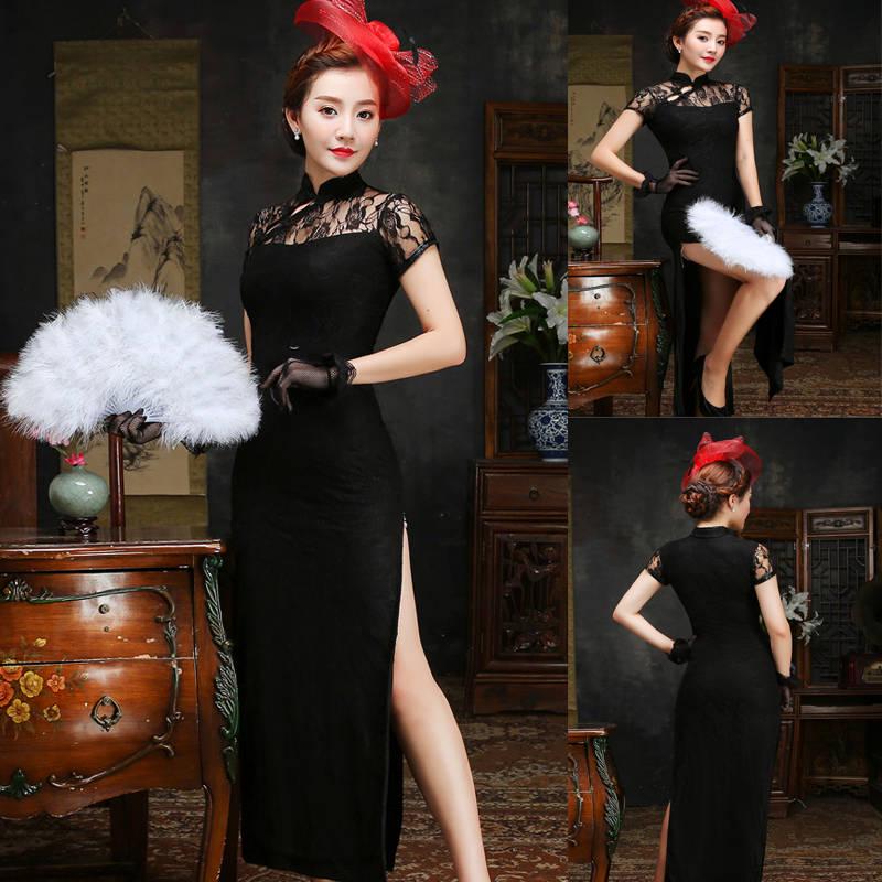 Plus Size Women Lace Classic Long Cheongsam Rayon Floral Elegant Evening Party Dress Traditional