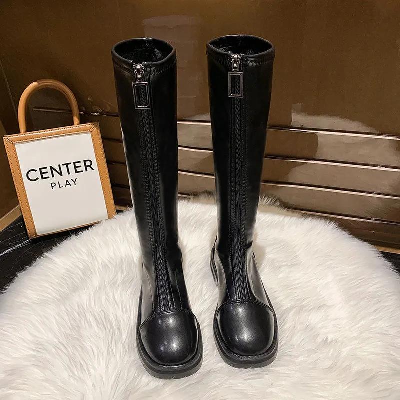 Elastic Boots Single Boot Front Zipper Versatile Long Boots Women's Slim Flat Bottomed Knight Boots Leather Boots