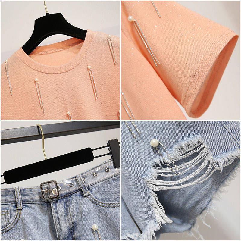 Fashion Women's Denim Shorts Set Summer T-Shirt Ripped Shorts Two-Pieces Sets Loose T-shirt Set