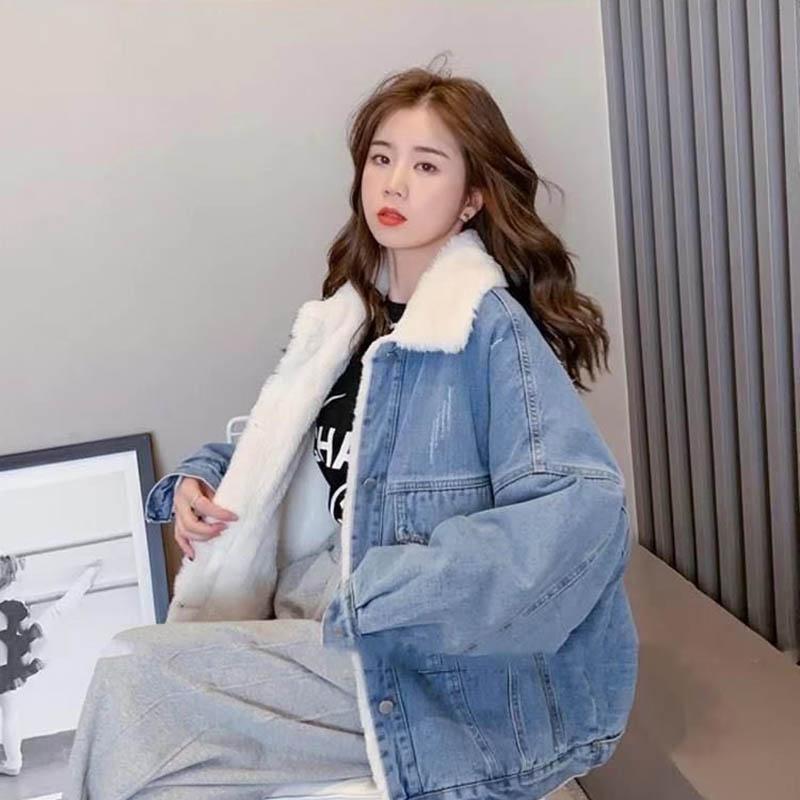 Autumn and Winter Denim Jacket Women's Fashion All-match Loose Plus Velvet Thick Lamb Velvet