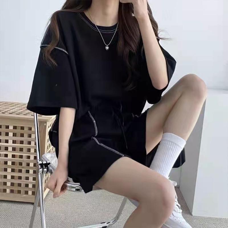 2PCS Women's Cotton Suit Short-sleeved Shorts Student Two-piece Summer Loose Casual Sportswear Gym Fitness Sets