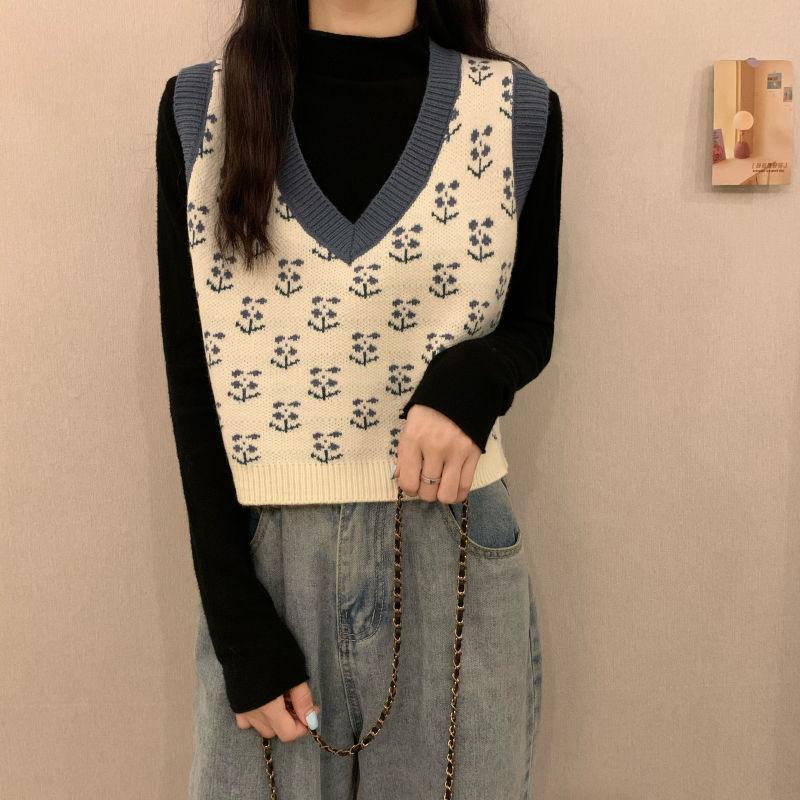 Sweater Vest Women Vintage Sleeveless Knitted Crop Tops Girls Patchwork Flowers Spring Simple Casual V-neck Japanese Style Chic