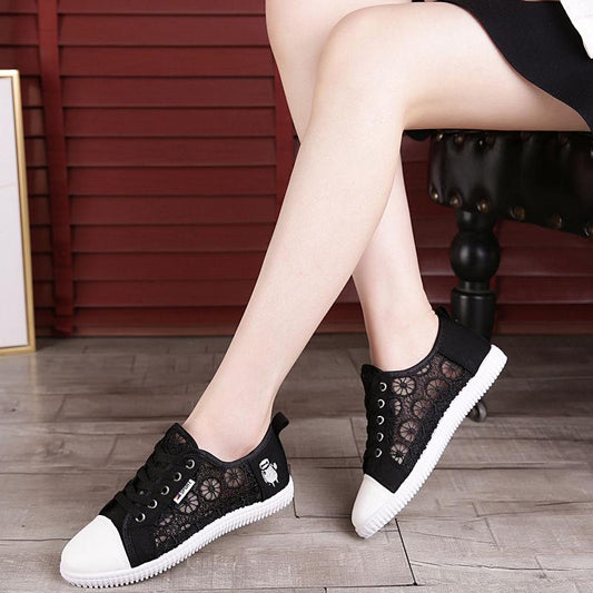 Summer Small White Shoe Canvas Shoe Lace Breathable Shoe Hollowed-out Flat Net Upper Shoe