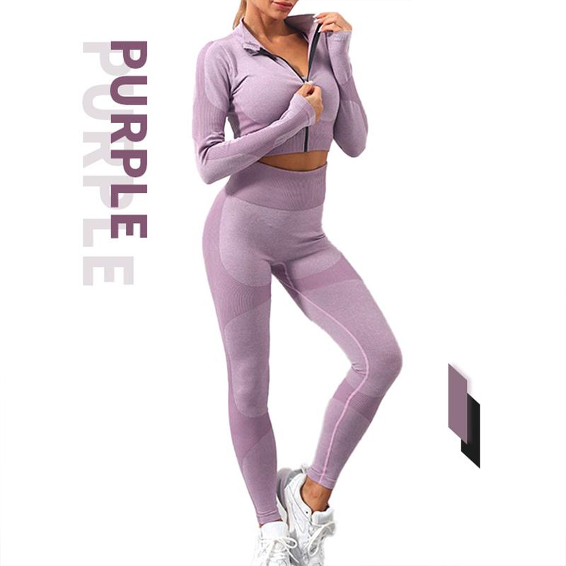 3PCS Women's Long Sleeve Yoga Clothing Set Seamless Knit Butt Lifting Pants Gym Fitness Bodybuilding Set Tracksuit Active Wear Sports Elastic Outwear