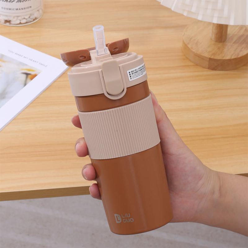 Straw Thermos Cup Girls Water Cup Student Portable Coffee Cup Portable Thermos Cup Large Capacity Cup