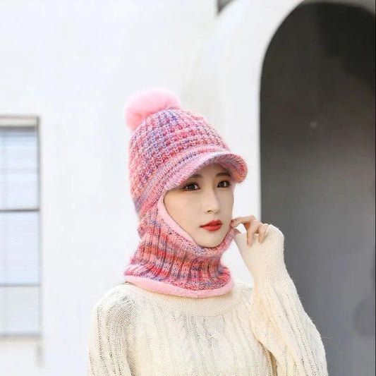 Women's Hat Bib One Piece Autumn and Winter Plus Velvet Knit Hat Cycling Windproof Warm Fur Ball Hooded Cap Neck Sleeve Woolen Scarf Cap Set