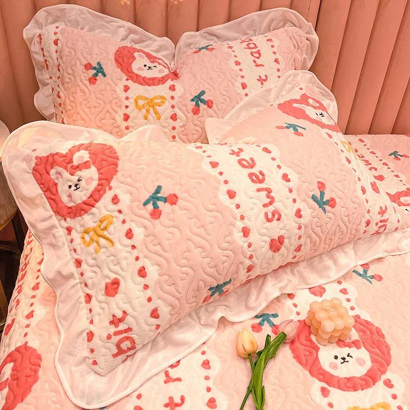 Princess Style Lotus Leaf Pillowcase Coral Velvet Thickening Bedroom Pillowcase Girls Dormitory A Pair of Pillow Core Liner Cover