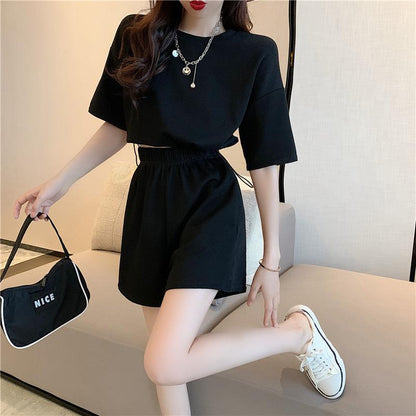 2PCS Summer Casual Sports Suit Women's Wide-leg Shorts + Short-sleeved T-shirt Two-piece Fitness Jogging Clothes Home Comfort Sets