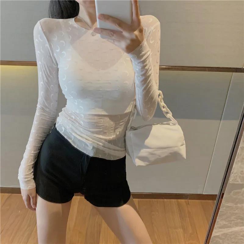 Women Sexy Harajuku Mesh Tops Long Sleeve See Through T Shirt Transparent Moon Print T-shirt Slim Basic Pullover