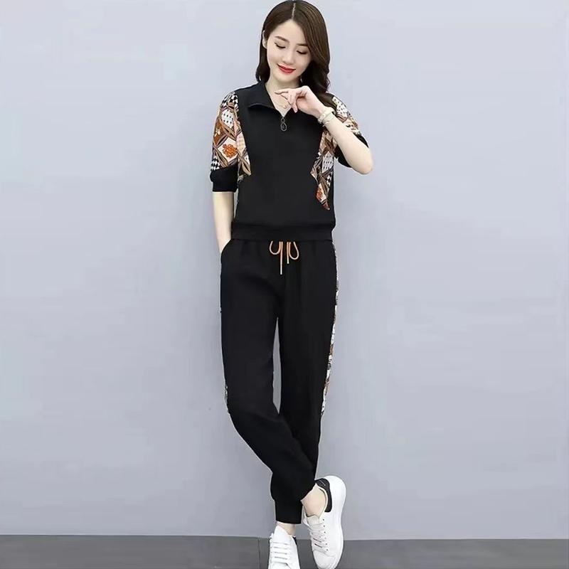 Summer Mesh Sleeve T-shirts+pants 2021 Casual Western Style Loose and Thin Mesh Stitching Two-piece Woman Suit