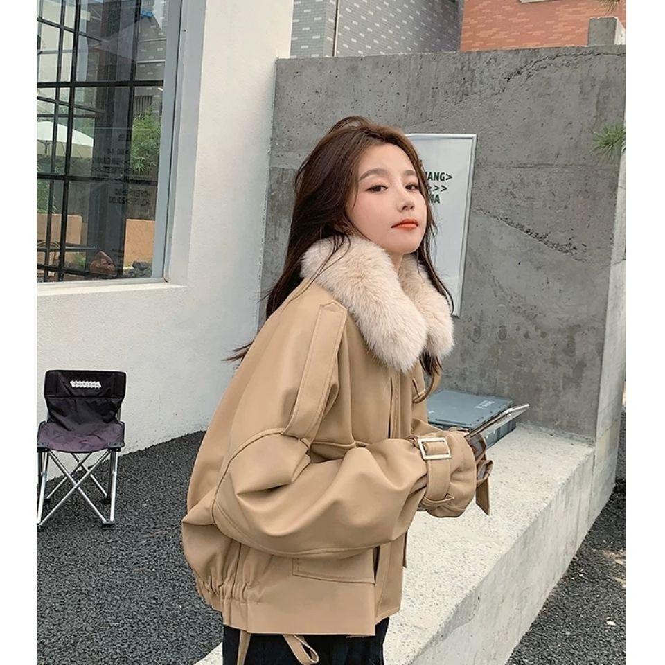 Large Fur Collar Suede Women's Short Winter Korean Style Loose Warm and Velvet Windproof Jacket