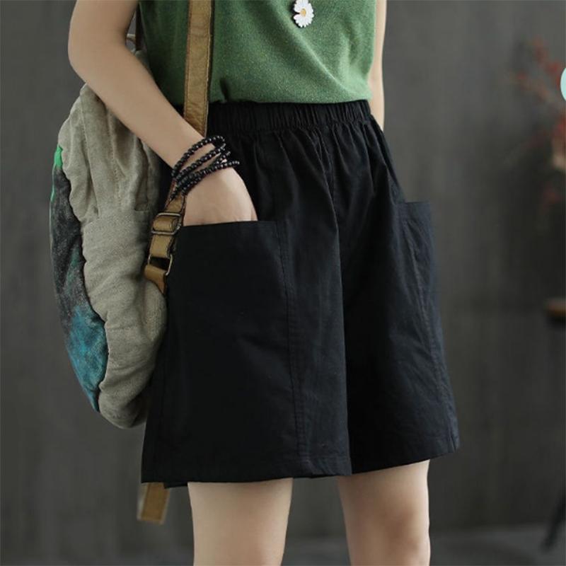 Cotton Shorts Women Loose High Waist Wide Leg Summer Straight Casual Cool Comfortable Elastic Waist Big Pocket Pure Color Simplicity