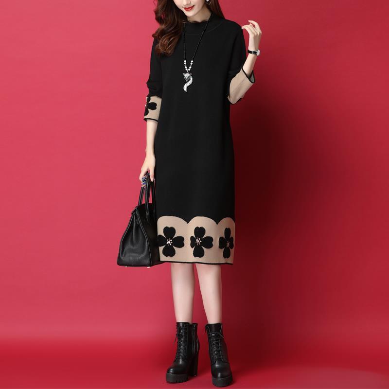 Autumn and Winter Long-sleeved Knitted Dress Large Size Loose and Thin Base Skirt Simple Over-the-knee Women's Sweater Dress