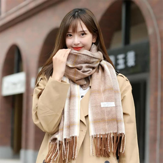 Korean Version of The Cute Japanese Scarf Winter Warm Scarf Check Temperament Cashmere-proof Length Scarfs